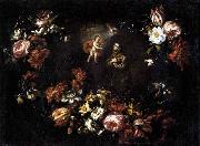 unknow artist Garland of Flowers with St Anthony of Padua oil on canvas